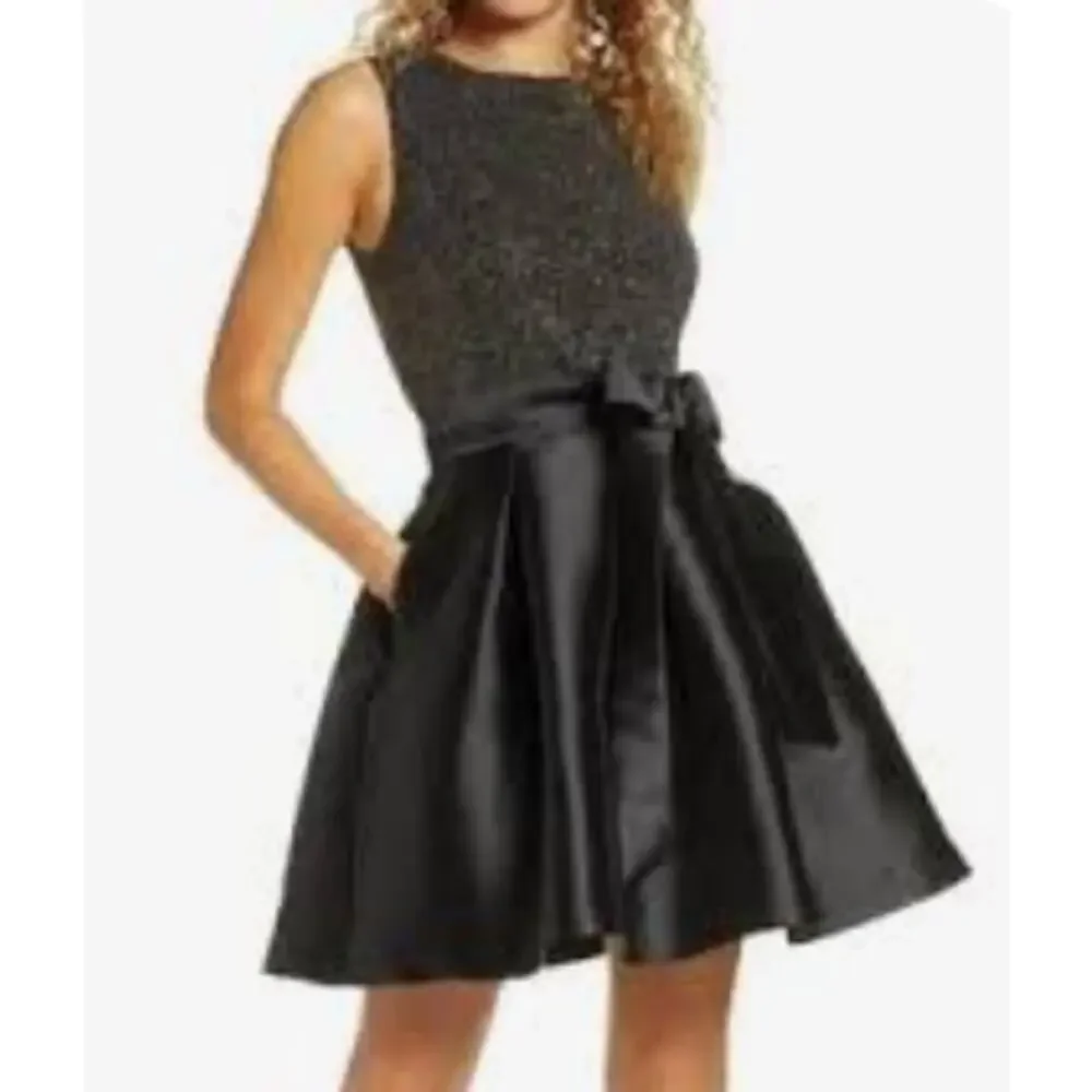 Sam Edelman Black/Metallic, Pocketed, Satin, Fit & Flare, Belted Party Dress- 4